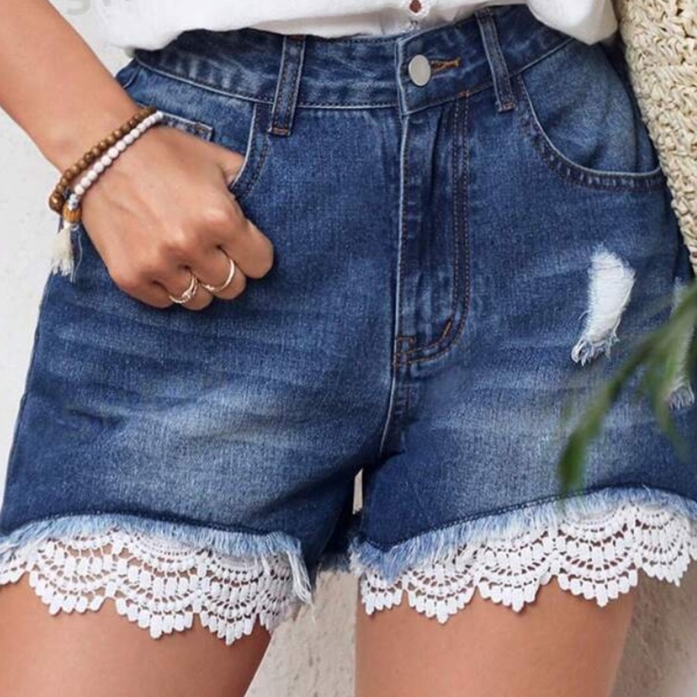 Crochet Denim shorts Jean patchwork lace distressed holes bohemian high waisted